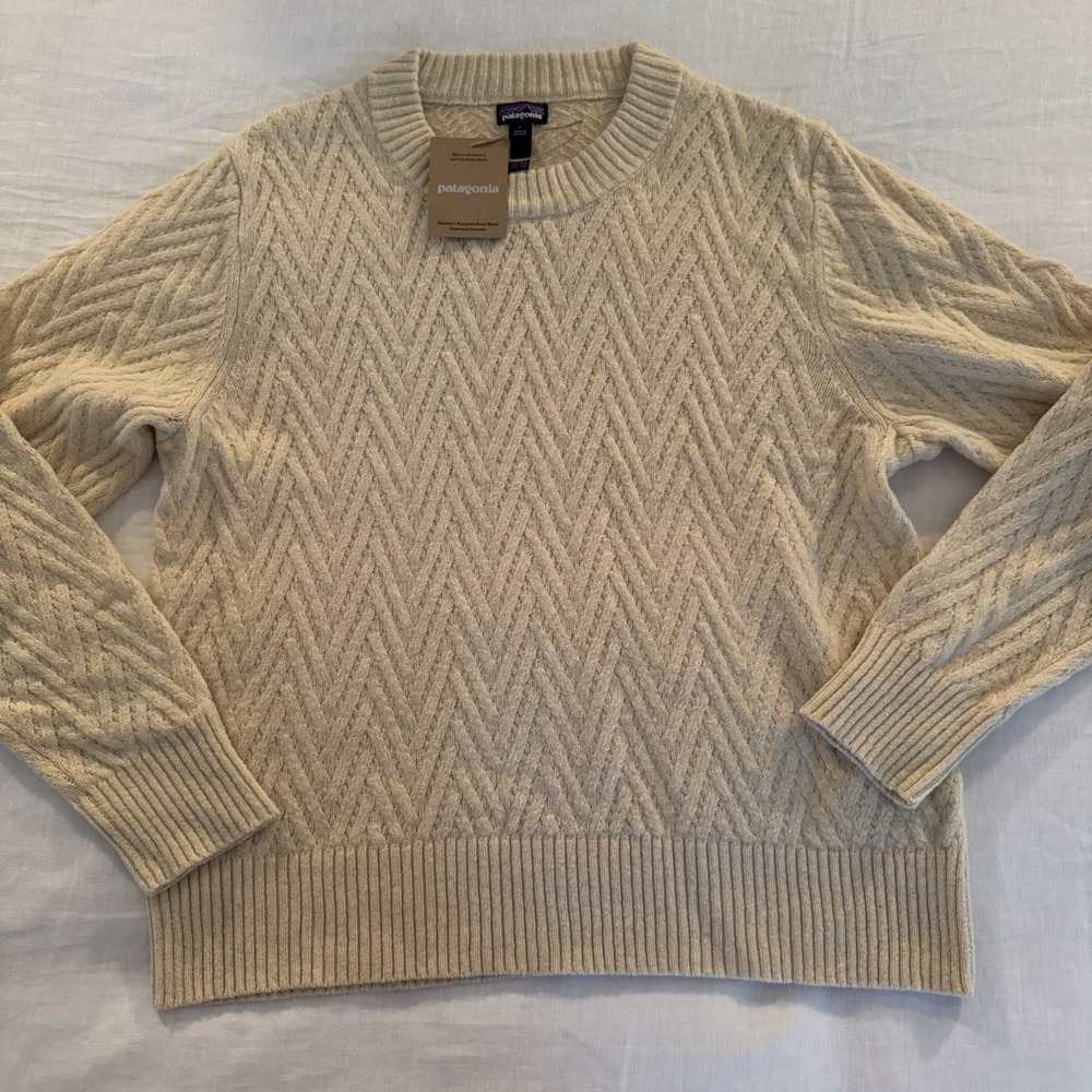 Patagonia Women's Fisherman Wool Blend Crewneck Sweater Chevron Cable Natural L